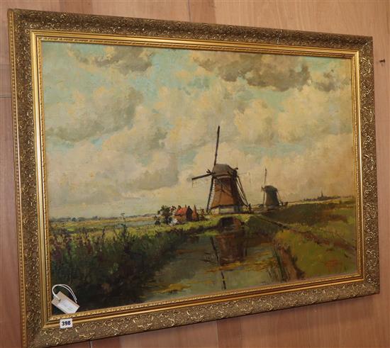 Willem Horselenberg (1881-1961), oil on canvas, Dutch landscape with two windmills, signed, 69 x 98cm